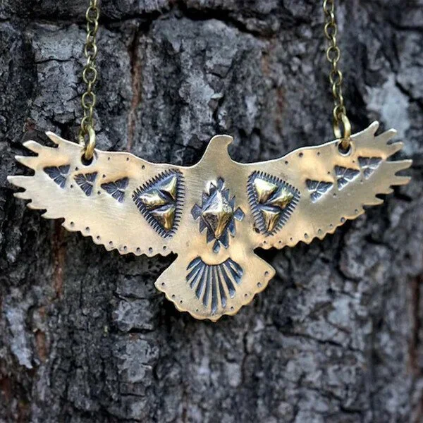 Vintage Hand Stamped Brass Hawk Necklace