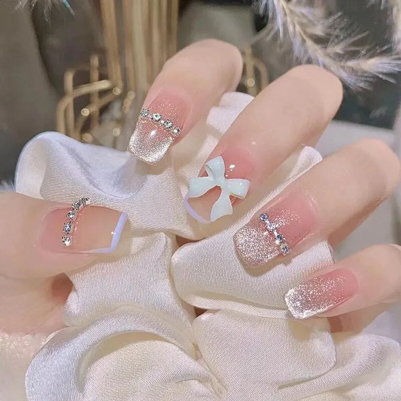 24PCS Fake Nail Exqusite Pearl Decor Girls Mid Length Coffin Ballet Press On Nails Full Cover Fake Nail Long Paragraph Fake Nail-Nail Inspo