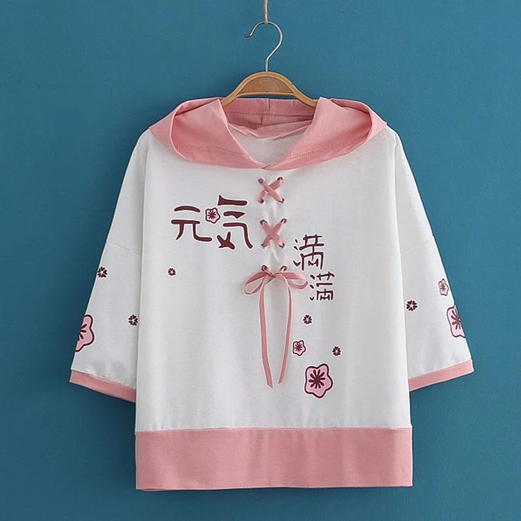 Flower Letter Print Lace Colorblock Hooded T-Shirt - Modakawa Modakawa