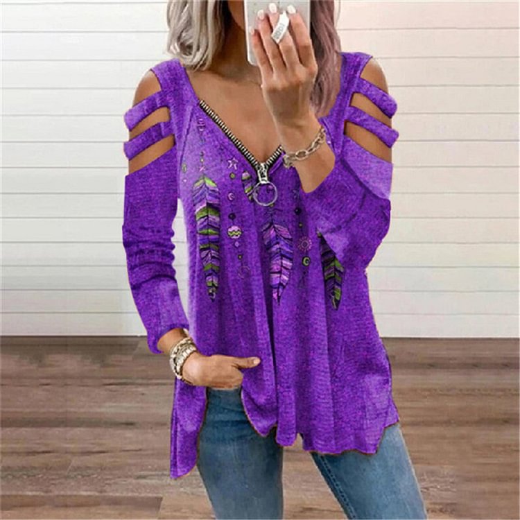 Comstylish Casual Feather Print Cutout Long Sleeve T-Shirt