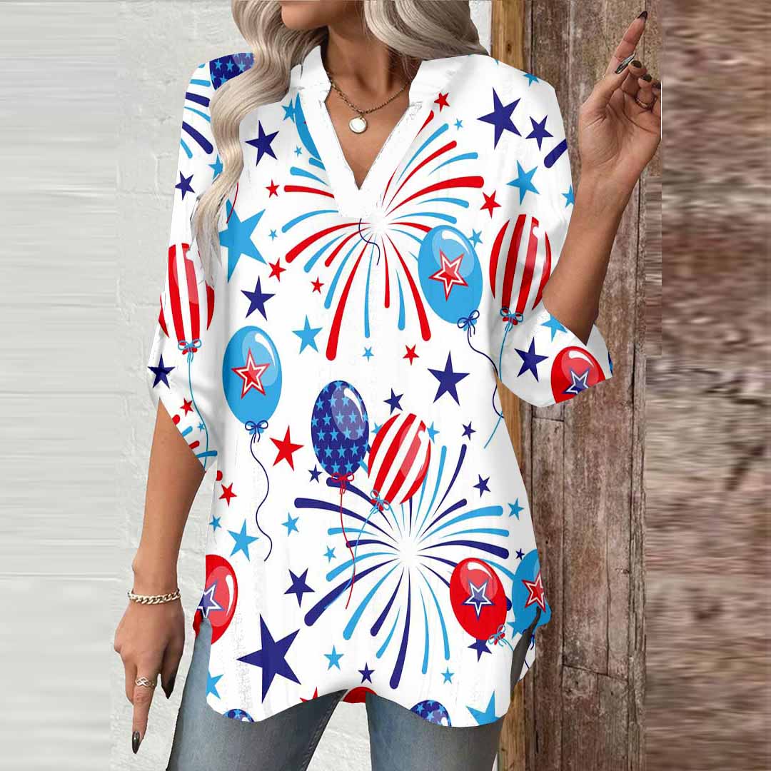 Women  Independence Day, Star, Striped, Blue, Red DZGA0223 3/4 Sleeve V-neck Printed Graphic Button Tops