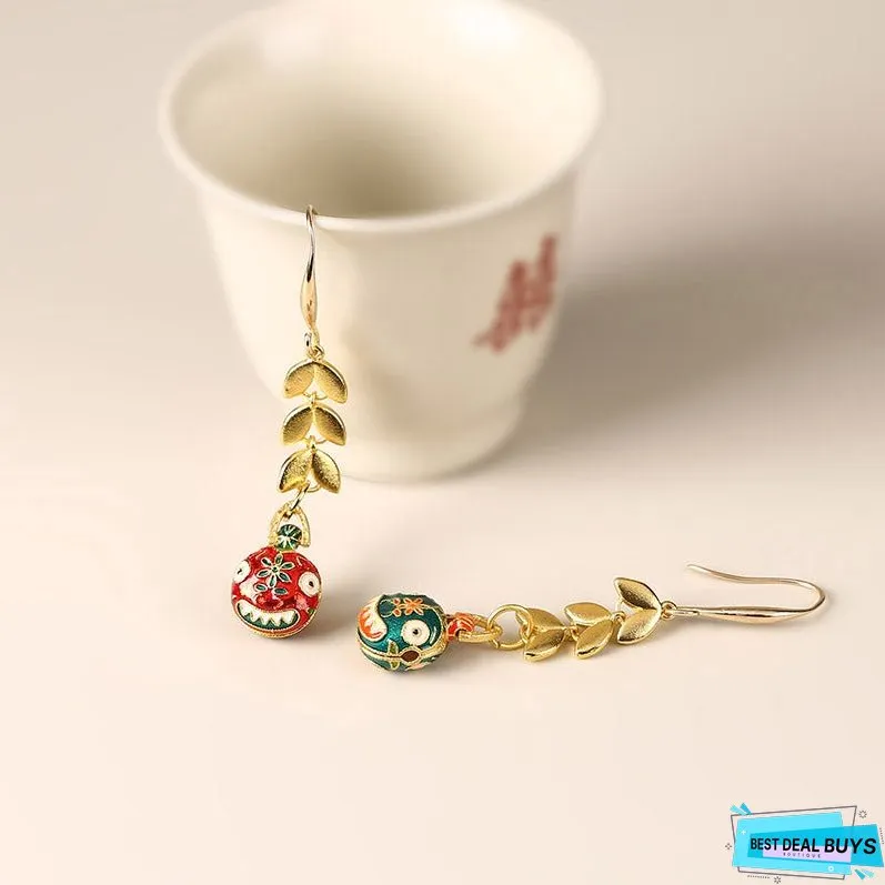 Swallowing Gold Beast New Year Earrings, Double Sided Cloisonne Earrings