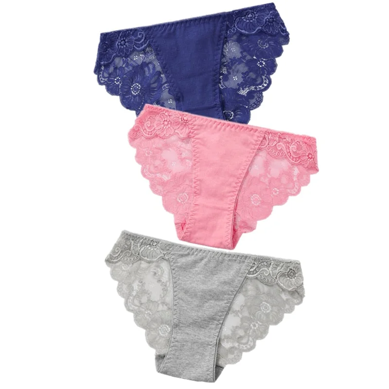 3pcs Exotic Apparel Sexy Panties Lace Briefs Women Low-Rise Solid Panty Underwear Sexy Women Lace Breathable Hip-lift Underpants