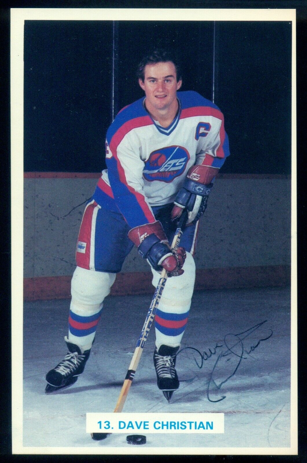 1980's Dave Christian Autograph signed Winnipeg Jets Team issue Post Photo Poster painting Card