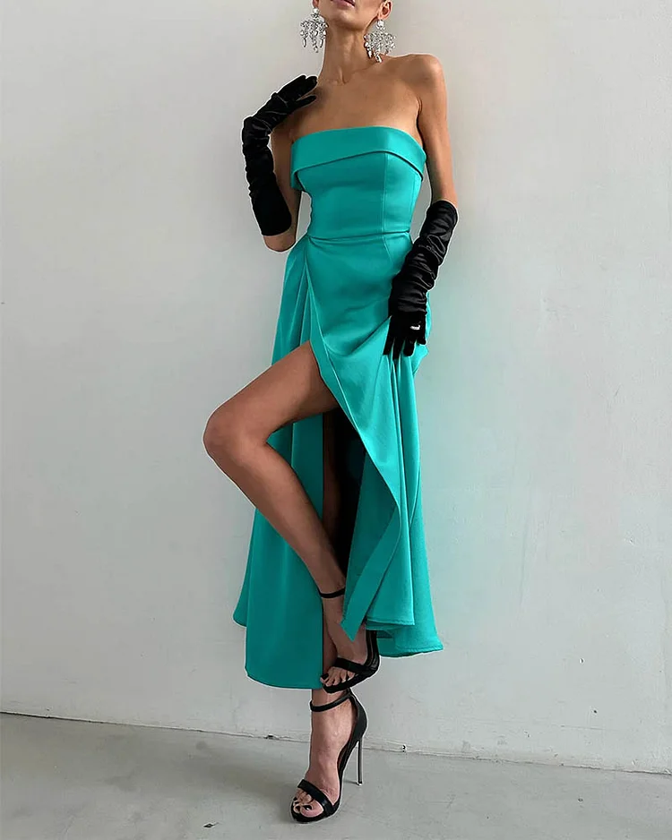  Women's fashionable sleeveless tube top slit dress