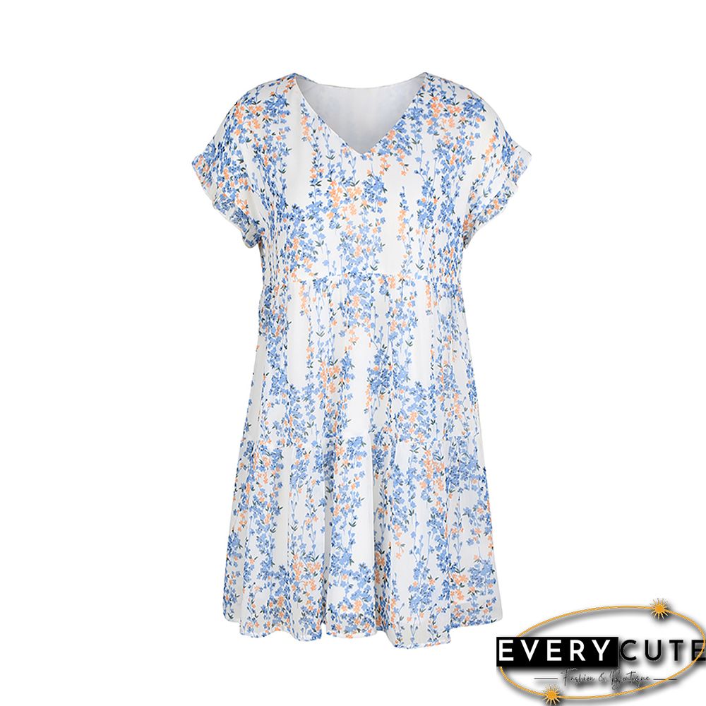 Light Blue Floral Print A-Line Chiffon Dress