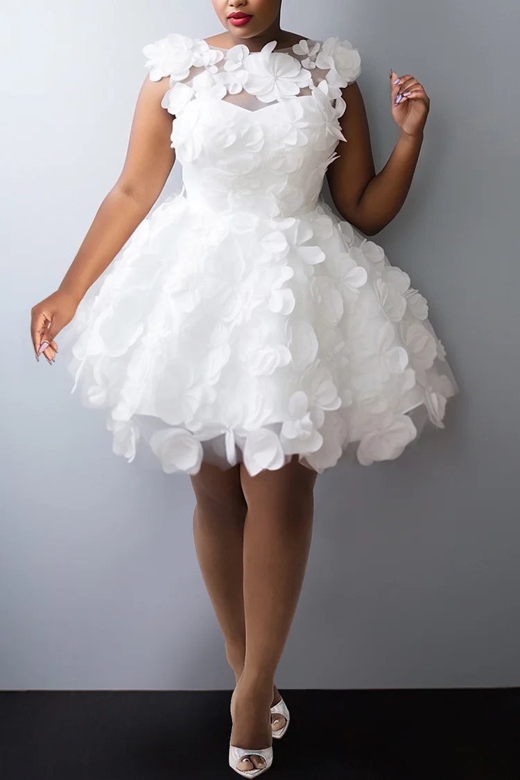 Xpluswear Design Plus Size Party White Elegant Round Neck 3D Tulle Mini Dresses [Pre-Order]