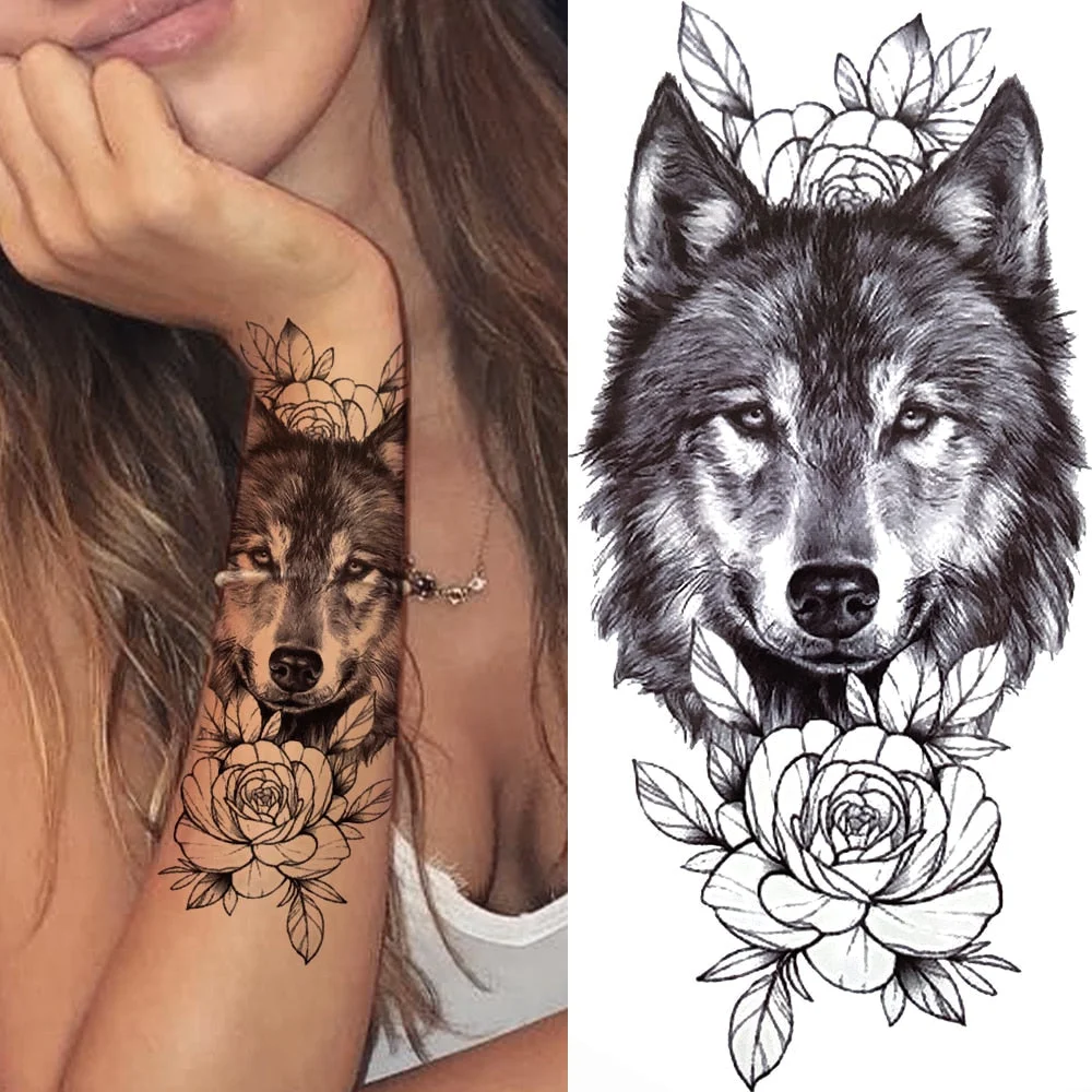 Black Forest Tattoo Sticker For Men Women Children Tiger Wolf Death Skull Temporary Tattoo Fake Henna Skeleton King Animal Tatoo 515