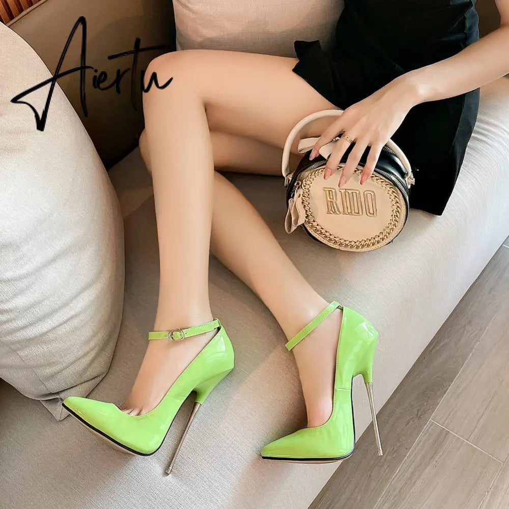 Sexy Patent Leather Fetishism Solid Pumps Metal Heel Women'S Shoes Pointy Stiletto 16 CM Super High Heels Sandals Large Size 46 Aiertu