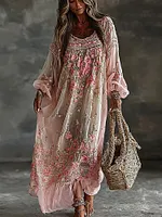 Women's Floral Roses Art Print Flowy Linen Blend Casual Long Sleeve Maxi Dress