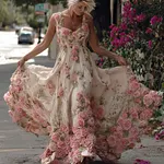 Bohemian Style Pink Rose Lightweight Vintage Style Long Dress With Straps - Image 2