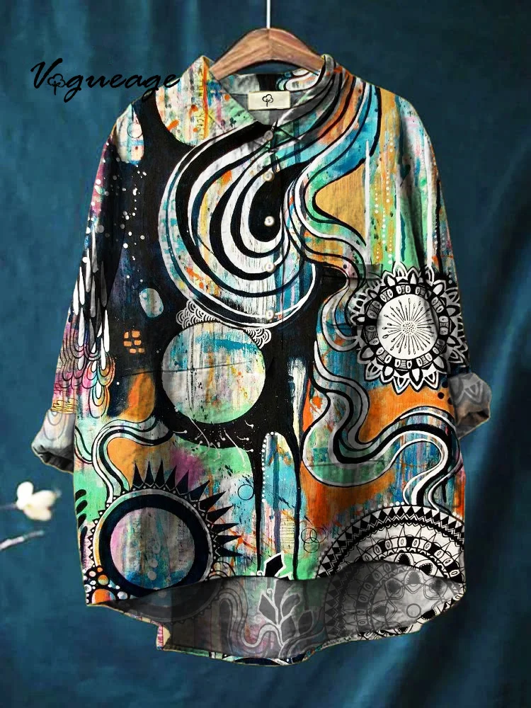 Fashion Art Creative Pattern Printed Cotton And Linen Shirt
