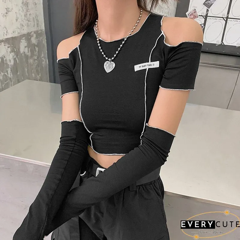 Sexy crop top for women-stylish patchwork cold shoulder long sleeve Round-neck t-shirt
