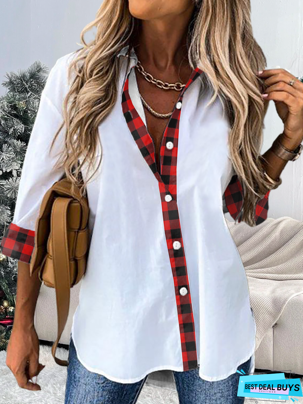 Christmas Plaid Shirt Collar Casual Tunic Blouse