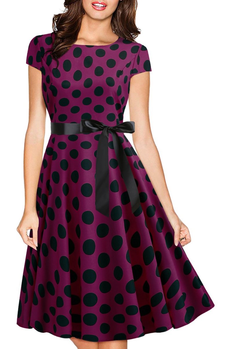 1950s Purple Casual Polka Dot Bow Swing Bell Midi Dress
