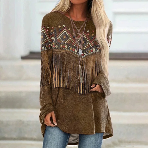 Vintage Western Tassel Print Crew Neck Long Sleeve Tunic