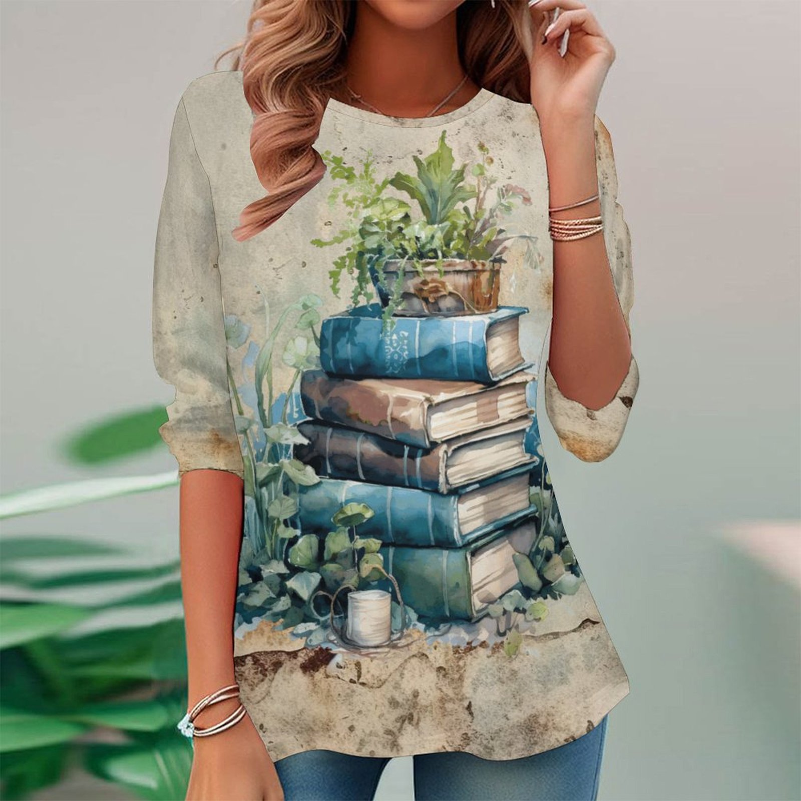 Women Long Sleeve V-neck Graphic Floral Printed Top