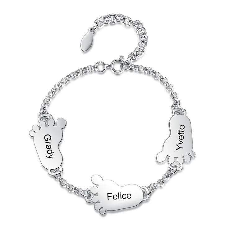 Baby Feet Bracelet with 3 Babyfeet Charms Engraved 3 Names