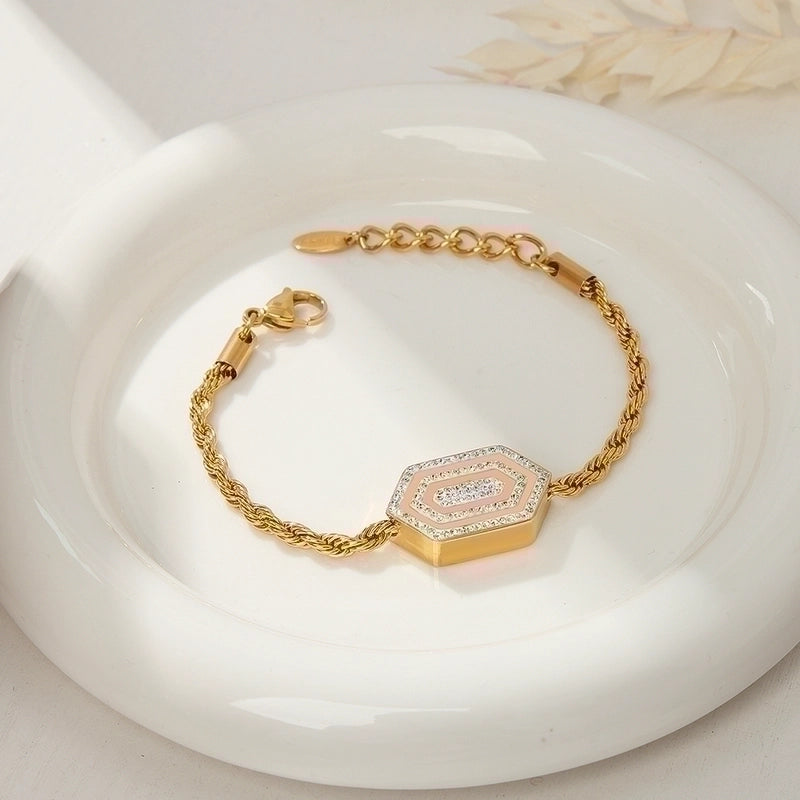 Retro Minimalist Commute Hexagon Twist Titanium Steel Rhinestones 18K Gold Plated Chain Inlay Bracelets Necklace