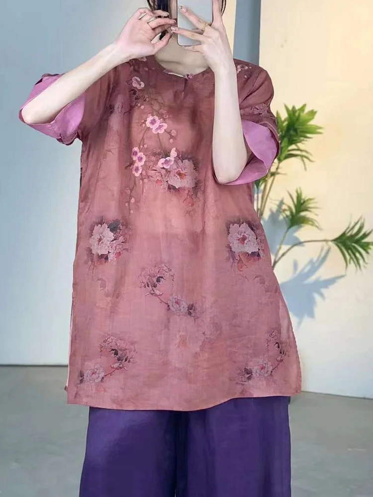 Women Summer Vintage Flower Colorblock Ramie Shirt