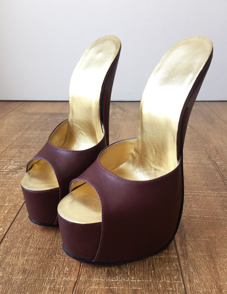 TAAFO 20cm Genuine Leather Extreme Hand Made Peep Toe Mule Platform Sandals Raisin