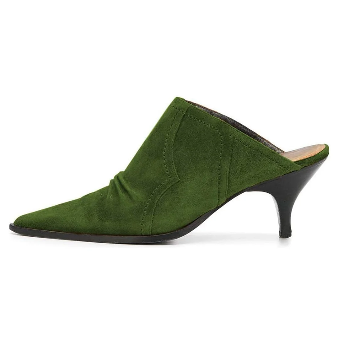 Green Vegan Suede Pointed Toe Kitten Heel Simple Mules Shoes