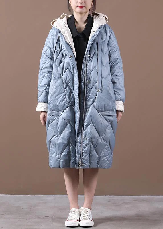 Casual Loose fitting down jacket overcoat light blue hooded zippered duck down coat