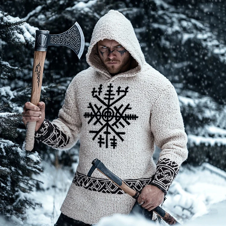 Men's Viking Runes Inspired Knit Hooded Sweater