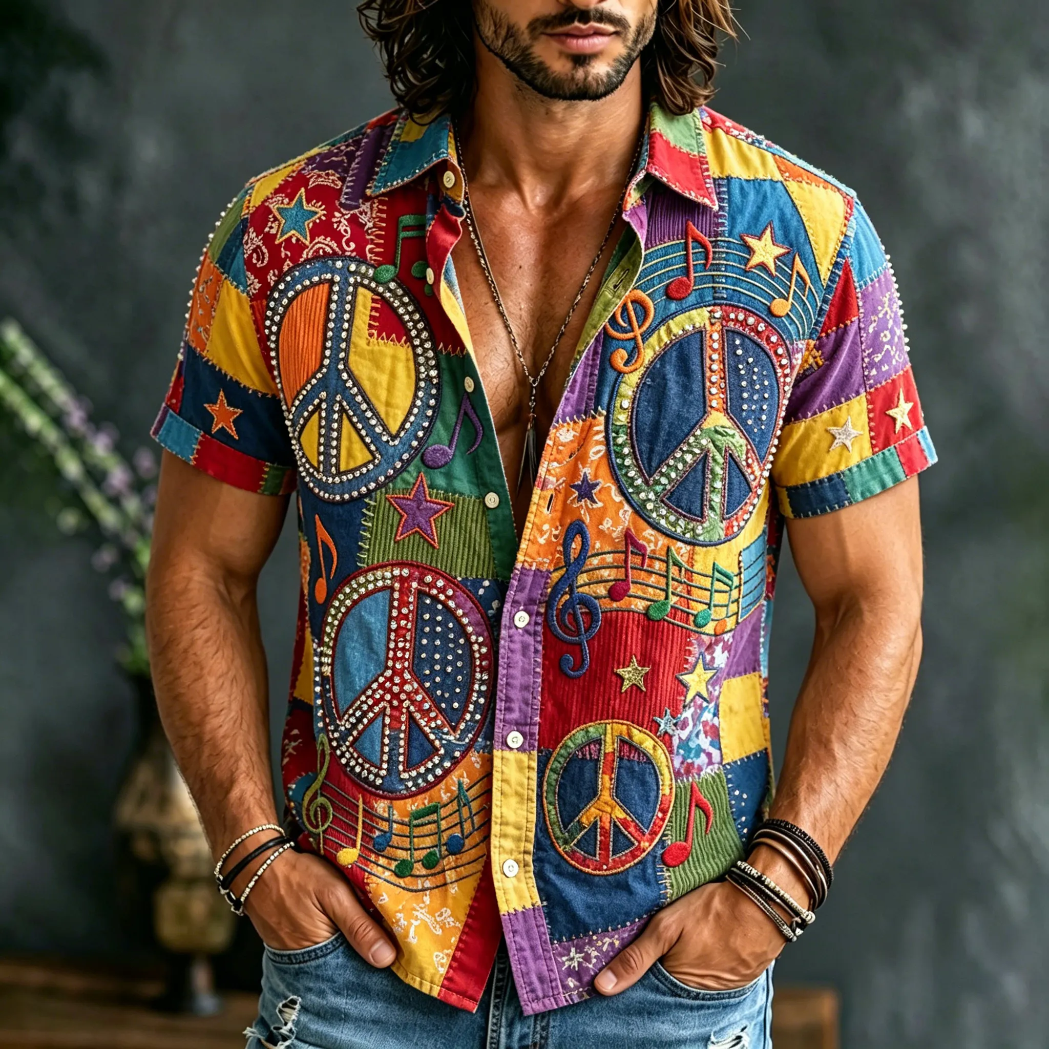 Comstylish Men's Patchwork Hippie Musical Note Design Linen Shirt