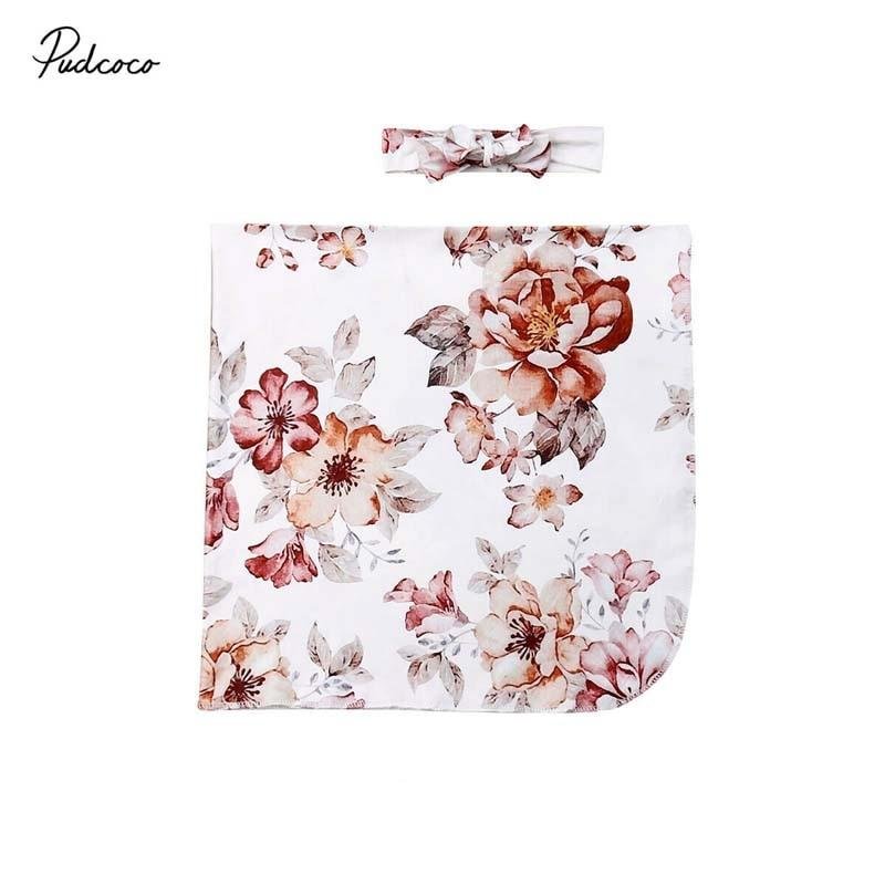 2019 Baby Blanket Swaddling Newborn Floral Muslin Swaddle Baby Girl Blanket Parisarc Wrap Sleeping Bag Towel + Headband 2Pcs Set