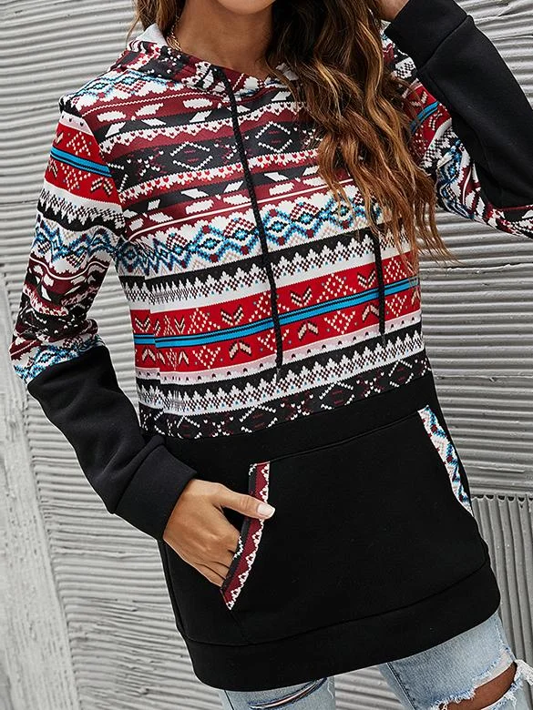 Women Long Sleeve Scoop Neck Hooded Printed Pockets Sweatshirts Tops