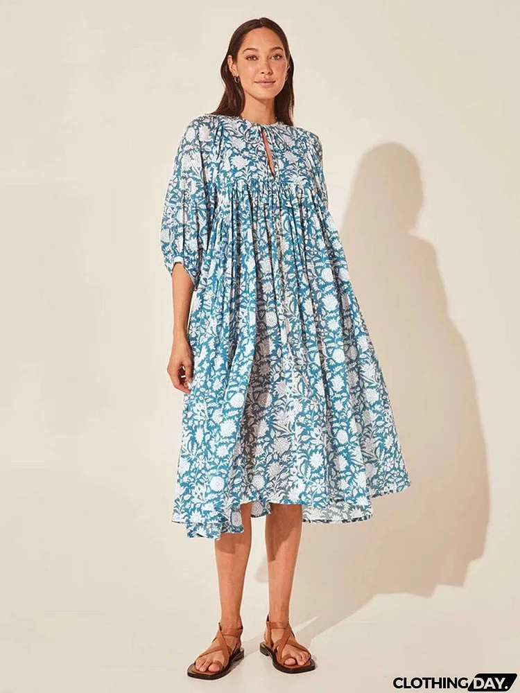 Floral Tie Neck Lantern Sleeve Dress