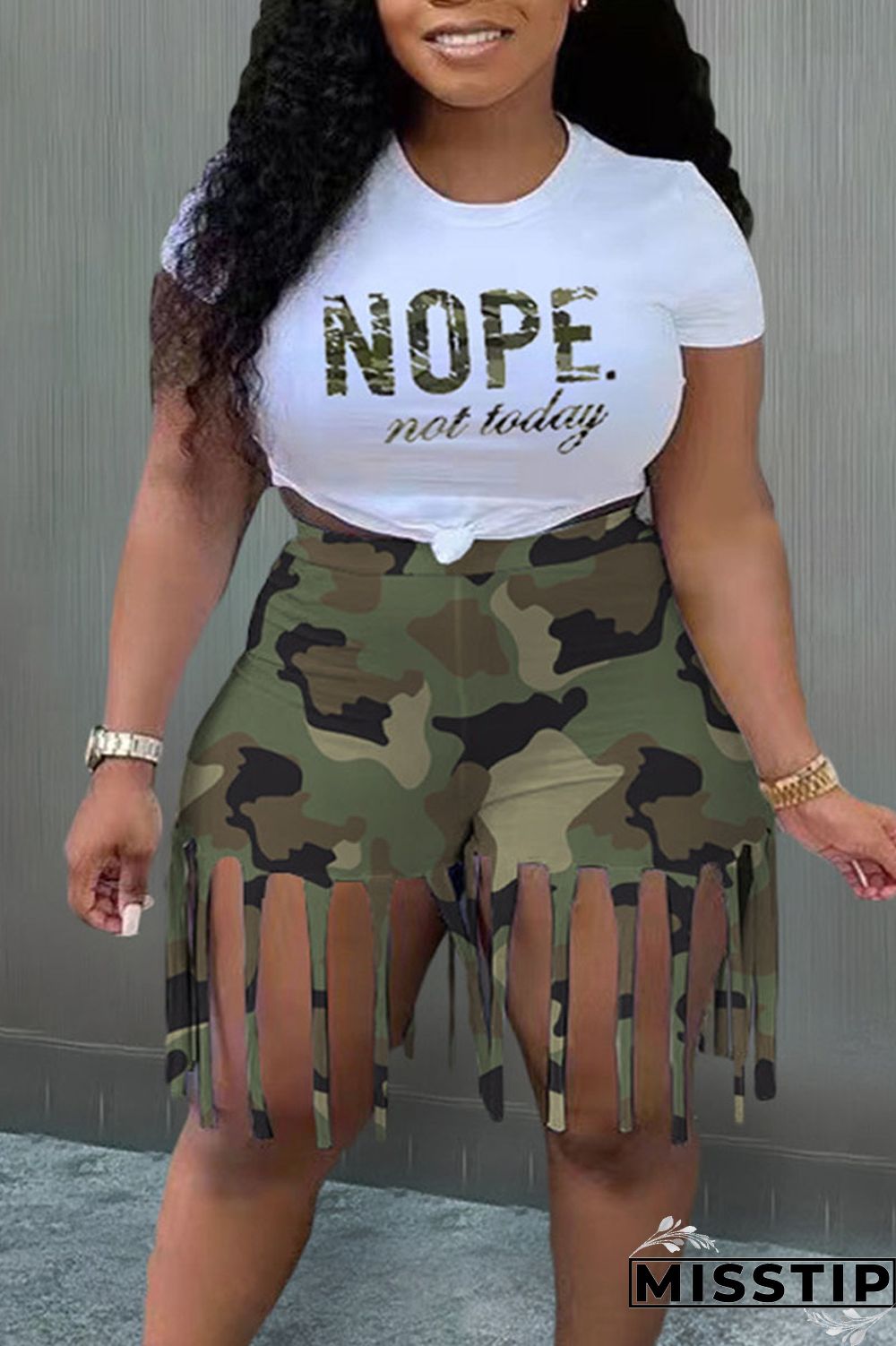 Black White Casual Street Print Tassel Patchwork O Neck Plus Size Two Pieces