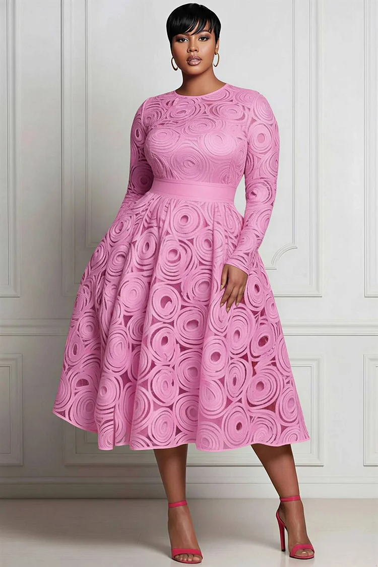 Xpluswear Design Plus Size Pink All Over Print Round Neck Long Sleeve Pocket Elegant Satin Midi Dresses 2024 - Xpluswear