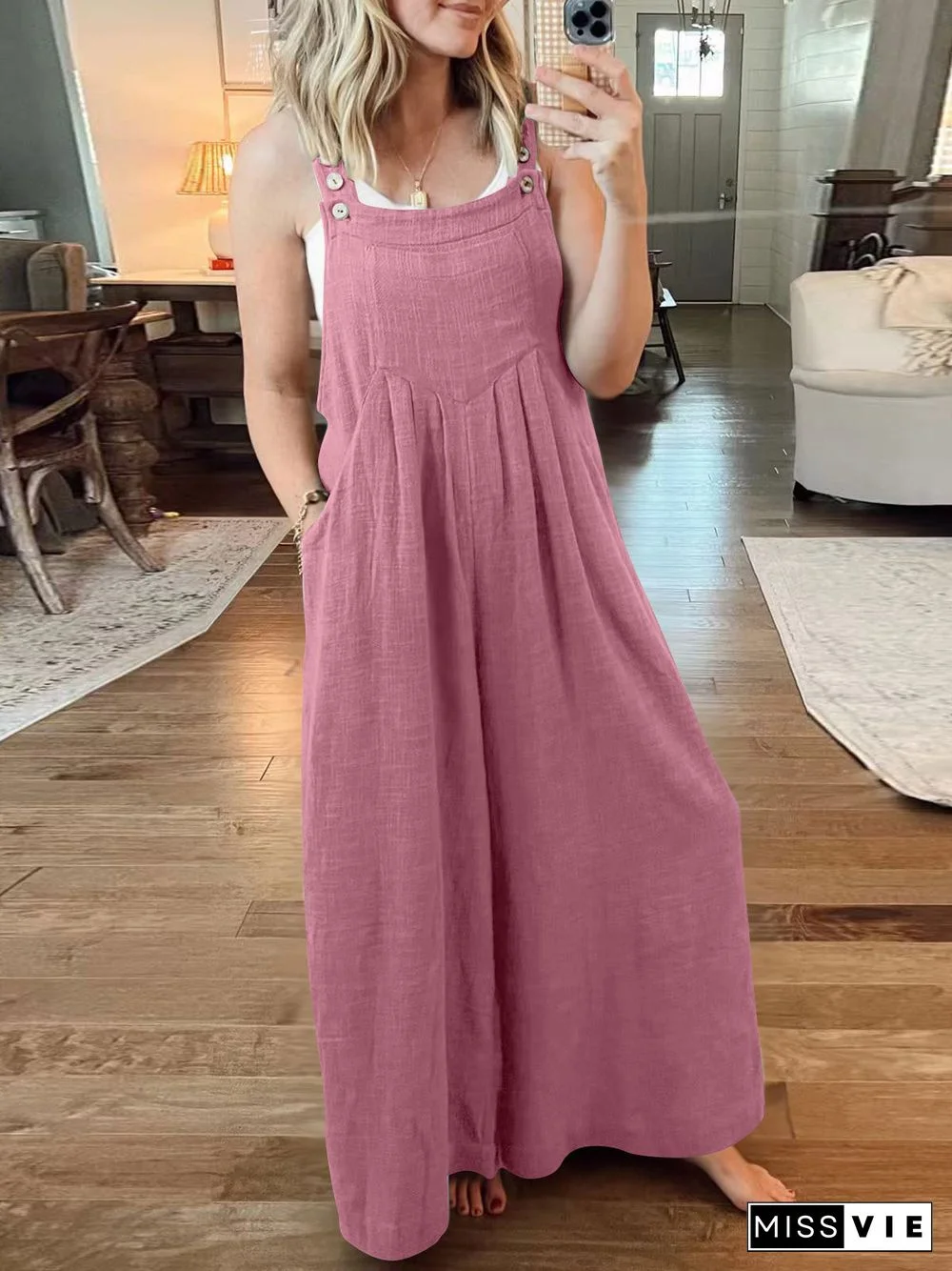 Women's Cotton Linen Sleeveless U-neck Colorful Solid Color Overalls Jumpsuit