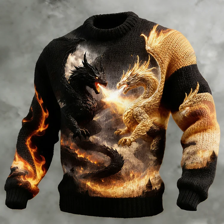 Men's Retro Mythical Dragon Art Graphic Pattern Knit Sweater
