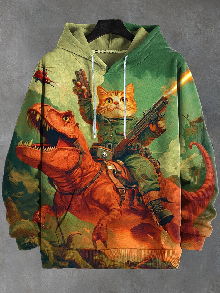Men's Cat Warrior Riding A Dinosaur Art Print Hooded Sweatshirt