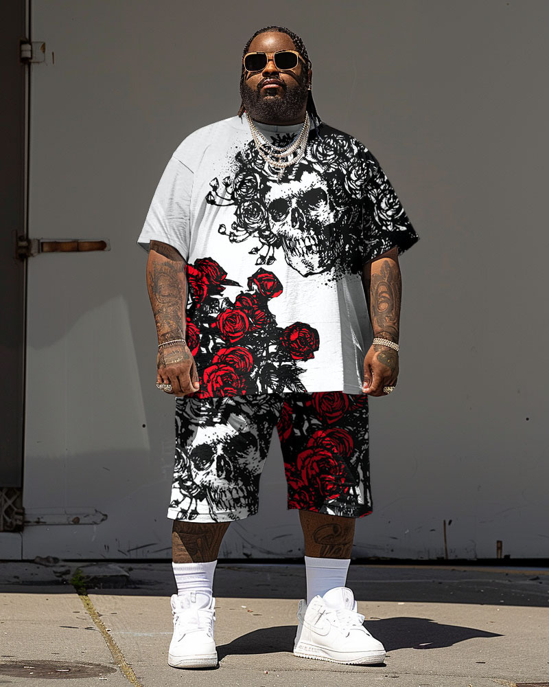 Big Men's Street Casual Skull Rose Print T-Shirt Shorts Set