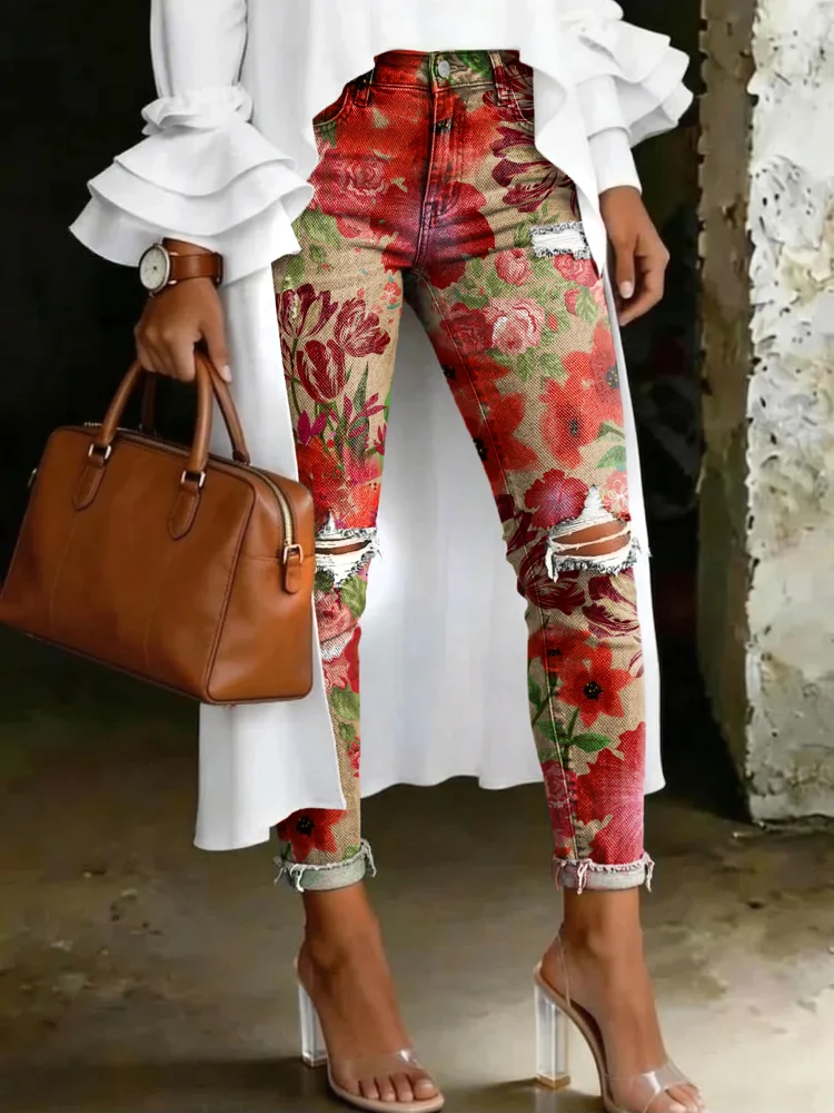 Women's Fashion Vintage Floral High-waisted Skinny Ripped Casual Jeans With Artistic Print