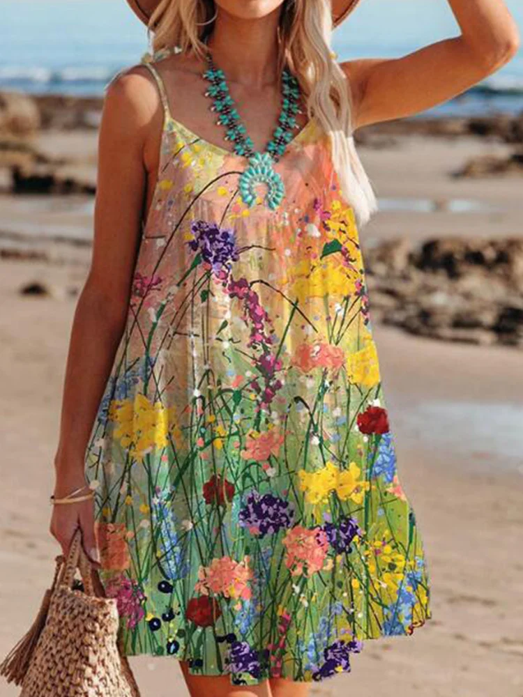 Summer Vintage Pattern Printed Beach Dress Women Casual Sling V-Neck Lace-up Mini Dress Ladies Fashion Sleeveless Loose Dresses