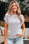 Women's Elegant Grey Bowknot Applique Cap Sleeve Crew Neck Sweater