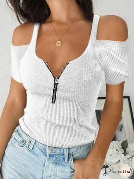 Women's T-Shirts Sling Zip Off Shoulder Short Sleeve T-Shirt