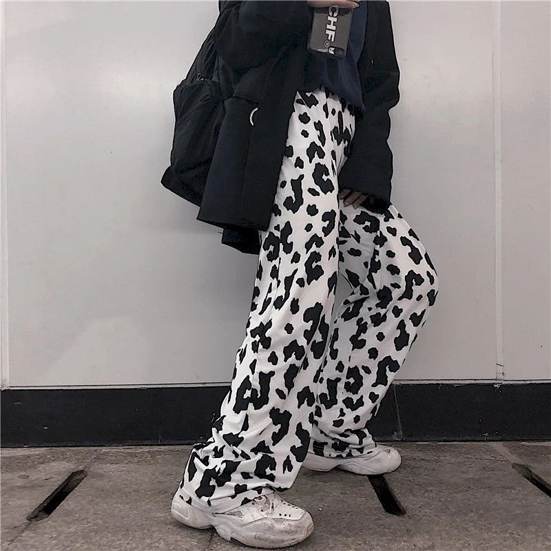 NiceMix high waist pants women cow print sweatpants womans wide leg straight plus size casual streetwear trousers Ankle-Length