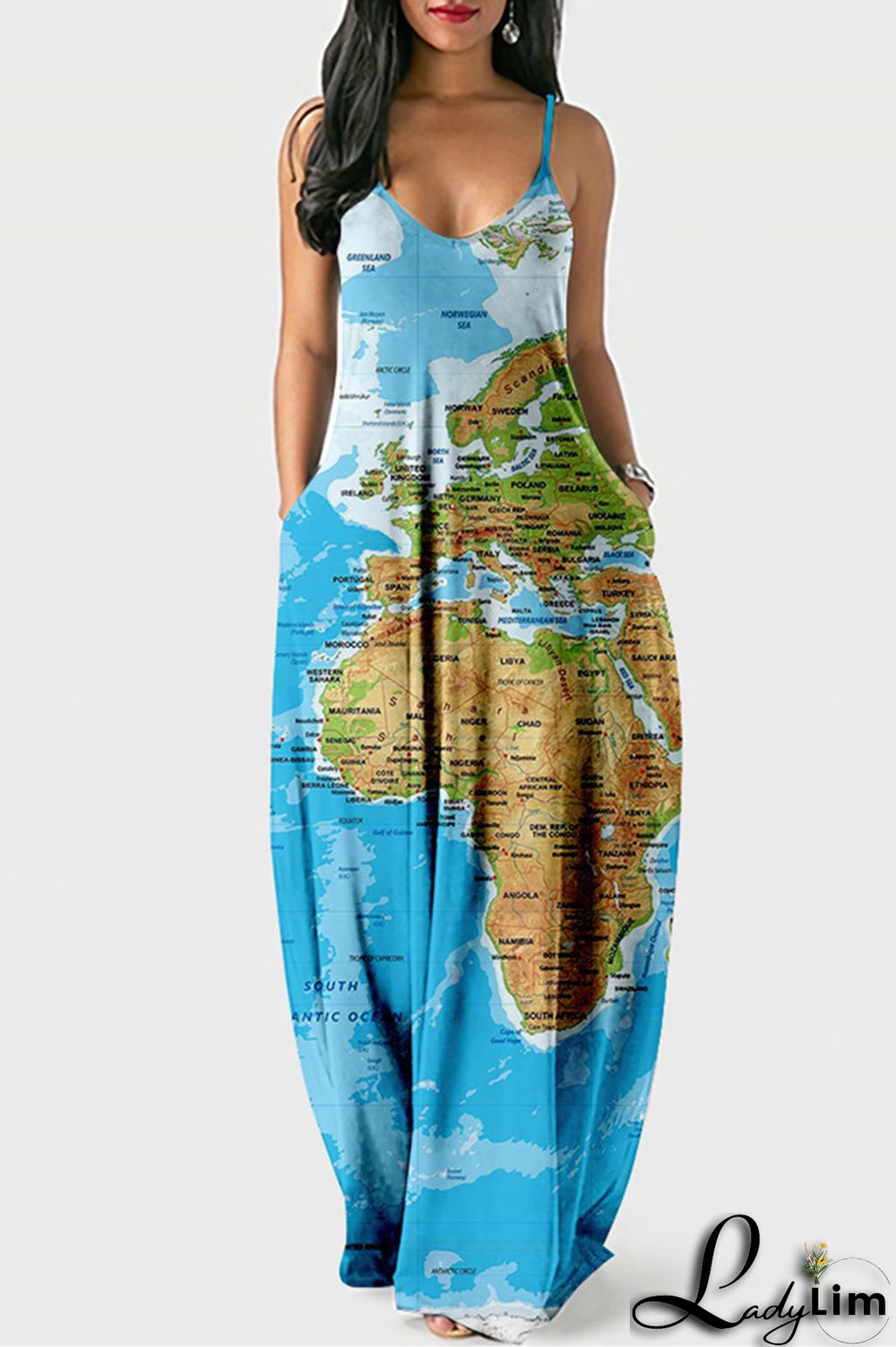 White Blue Fashion Sexy Print Backless Spaghetti Strap Long Dress