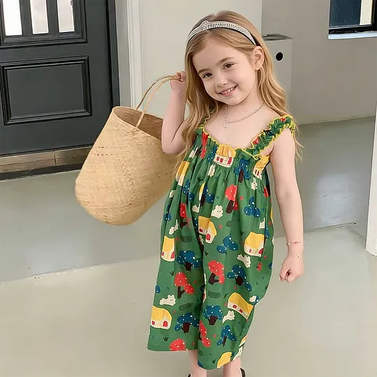【18M-8Y】Girls' Cartoon Vintage Breathable Sweet Lace Trim Camisole Cropped Jumpsuit