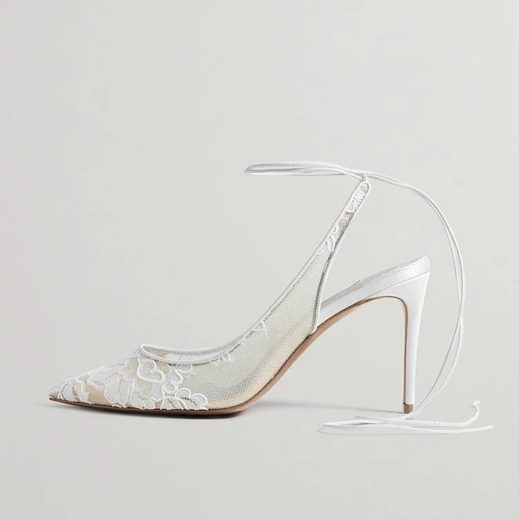 White Lace Slingback Pumps Elegant Stiletto Heel Strappy Bridal Shoes |FSJ Shoes