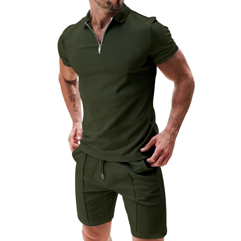 Mature Men Summer Short-sleeved Top And Shorts Casual Waffle Suit