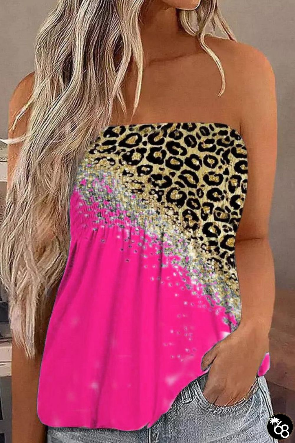 Rose Red Sexy Casual Print Backless Strapless Tops | 168DEAL