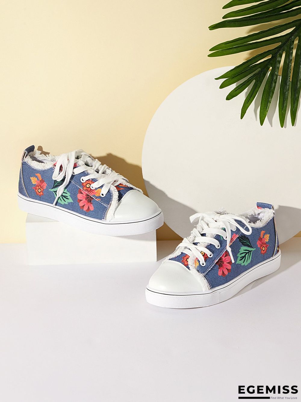 Floral Leaves Lace Up Sneakers Denim Sneakers | EGEMISS