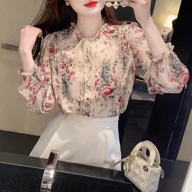 Jangj Summer New Flower Chiffon Shirt Korean Gentle Style Blouse women's Lace Tie Long Sleeves Shirt Office Lady Elegant Shirt